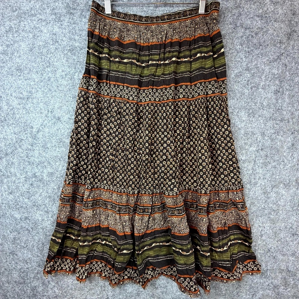 Vintage 1601 Skirt Womens Large Brown Boho Floral Earthy 90s Rayon Tiered Summer